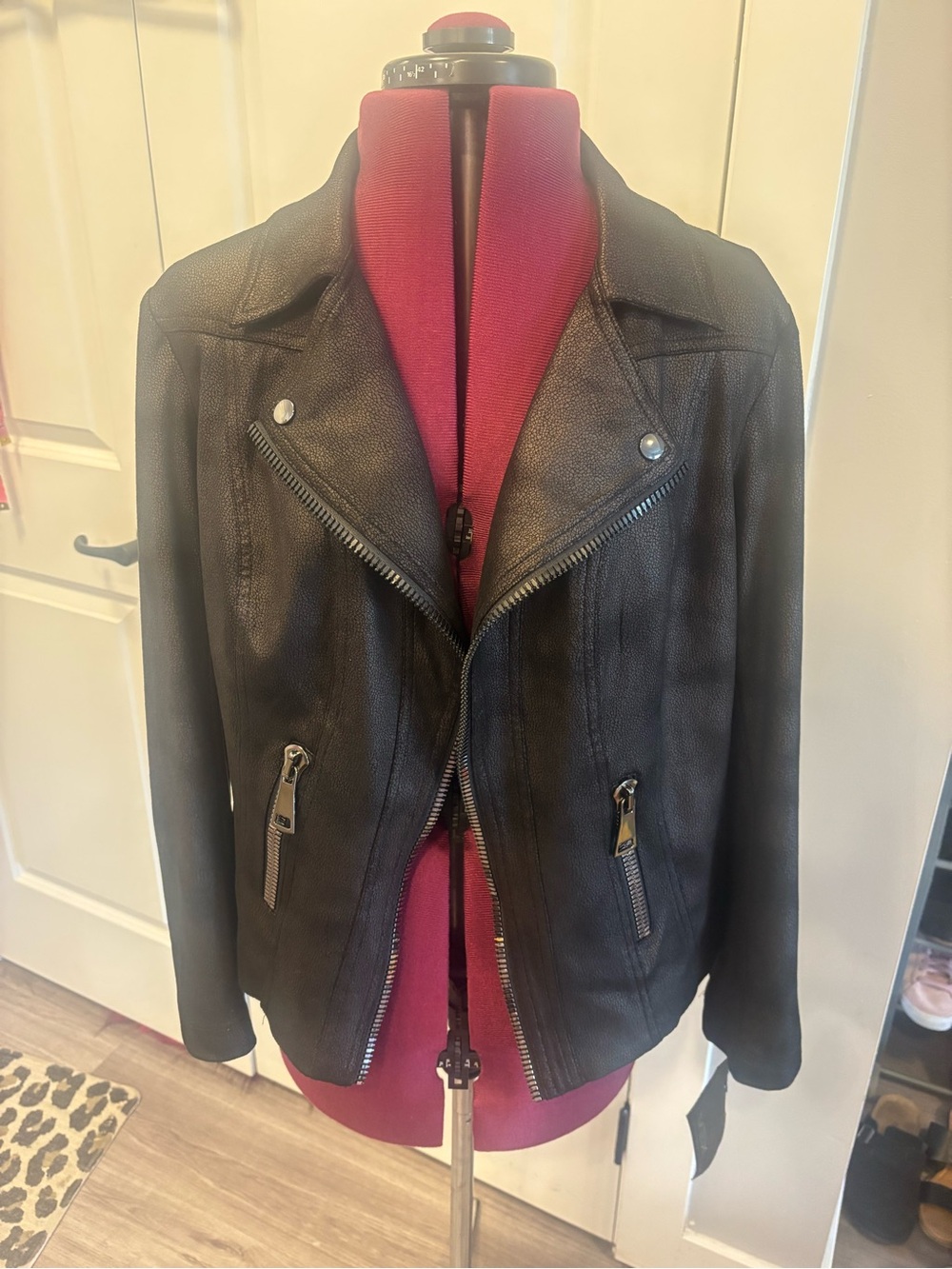 Women's Black Faux Leather Moto Jacket with Zip Details